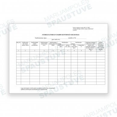 Sterilizatoriaus darbo kontrolės registras 1