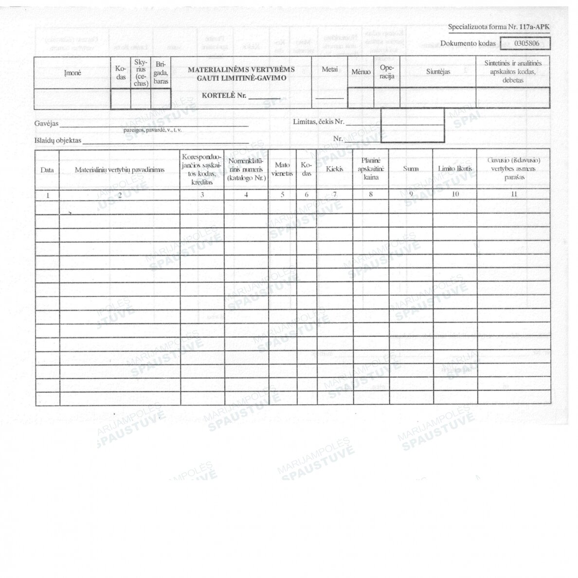 Materialinėms vertybėms gauti limitinė - gavimo kortelė Forma Nr. 117a-APK Materialinėms vertybėms gauti limitinė - gavimo kortelė Forma Nr. 117a-APK
