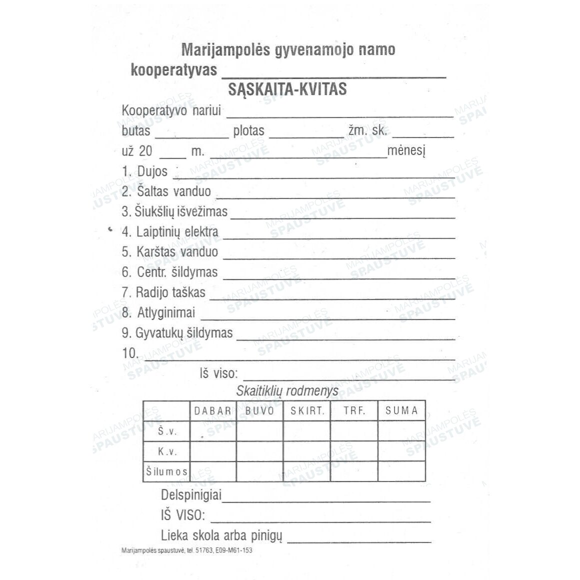 Sąskaita kvitas (su kopija)