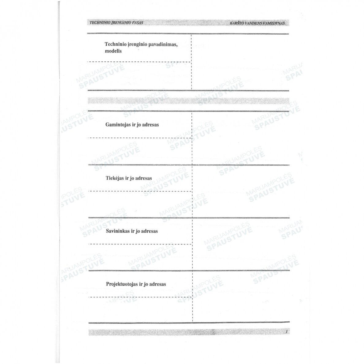 Techninio įrenginio pasas 1 Techninio įrenginio pasas 1
